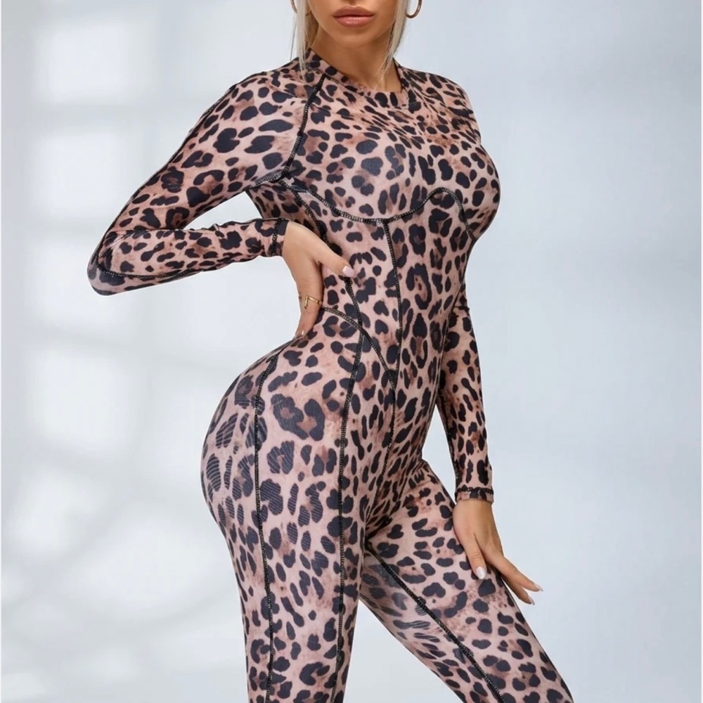 Leopard Print Long-Sleeve Jumpsuit in Pink